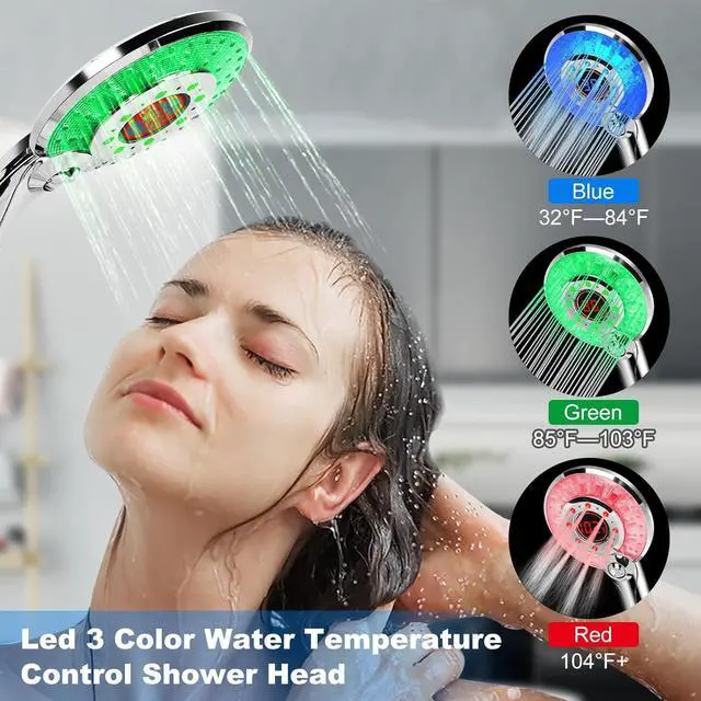 Alt view image 5 of 7 - LED Shower Head Color Changing, Handheld Shower Head High Pressure with Hose, Water Saving Spray Showerheads, Discoloration Warning, Water Temperature Display, 3 Spray Modes, Easy to Install, Chrome