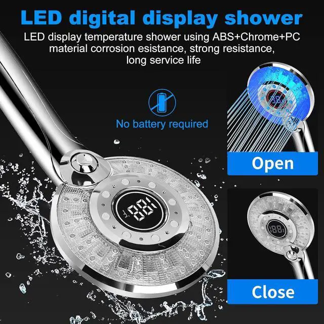Alt view image 6 of 7 - LED Shower Head Color Changing, Handheld Shower Head High Pressure with Hose, Water Saving Spray Showerheads, Discoloration Warning, Water Temperature Display, 3 Spray Modes, Easy to Install, Chrome