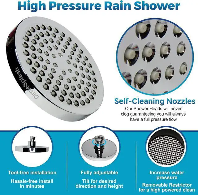Alt view image 3 of 7 - High Pressure Shower Head - Anti-Clogging Silicone Nozzles - 2.5 GPM Removable Restrictor - Easy to Clean Adjustable Replacement - easy to install with Plumbers Tape - 6 inch - Classic Chrome Finish