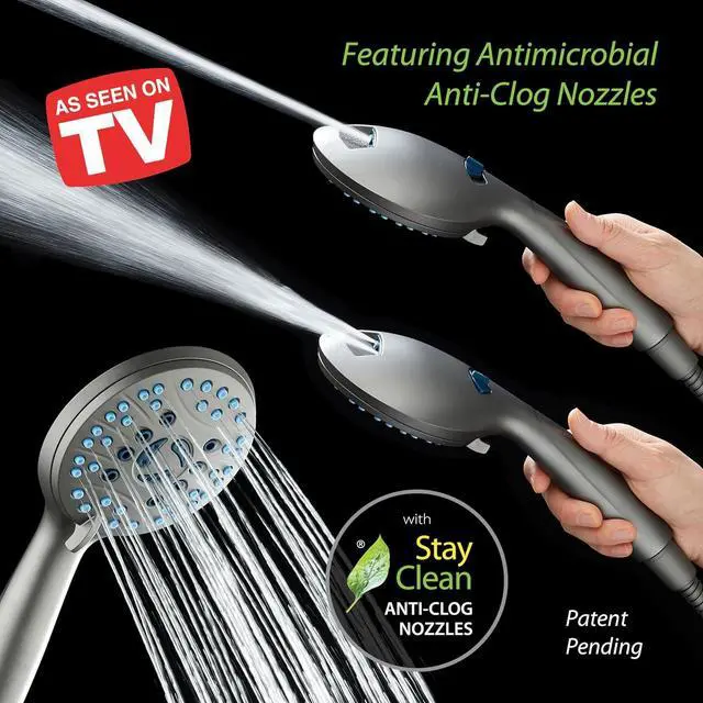 Alt view image 2 of 7 - AquaCare High Pressure 8-mode Handheld Shower Head - Anti-clog Nozzles, Built-in Power Wash to Clean Tub, Tile & Pets, Extra Long 6 ft. Stainless Steel Hose, Wall & Overhead Brackets