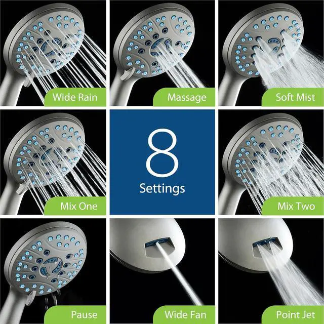 Alt view image 4 of 7 - AquaCare High Pressure 8-mode Handheld Shower Head - Anti-clog Nozzles, Built-in Power Wash to Clean Tub, Tile & Pets, Extra Long 6 ft. Stainless Steel Hose, Wall & Overhead Brackets