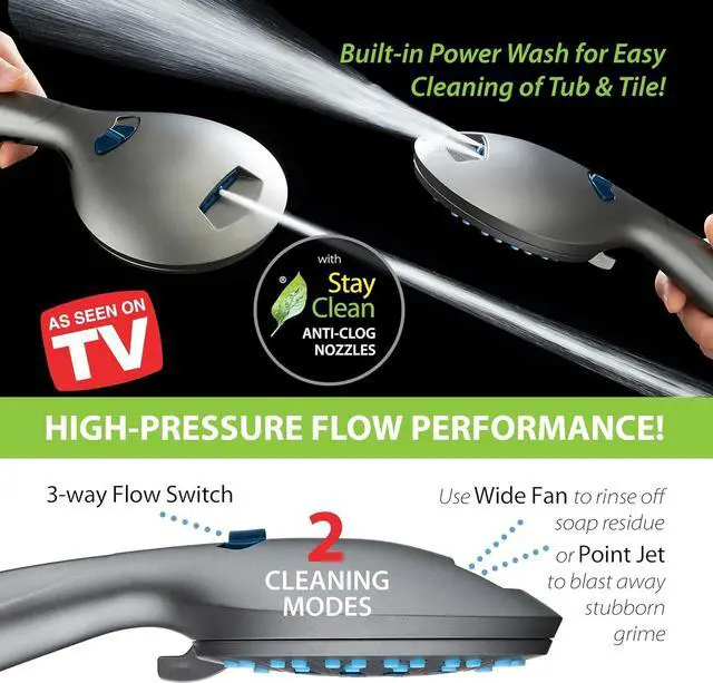 Alt view image 5 of 7 - AquaCare High Pressure 8-mode Handheld Shower Head - Anti-clog Nozzles, Built-in Power Wash to Clean Tub, Tile & Pets, Extra Long 6 ft. Stainless Steel Hose, Wall & Overhead Brackets