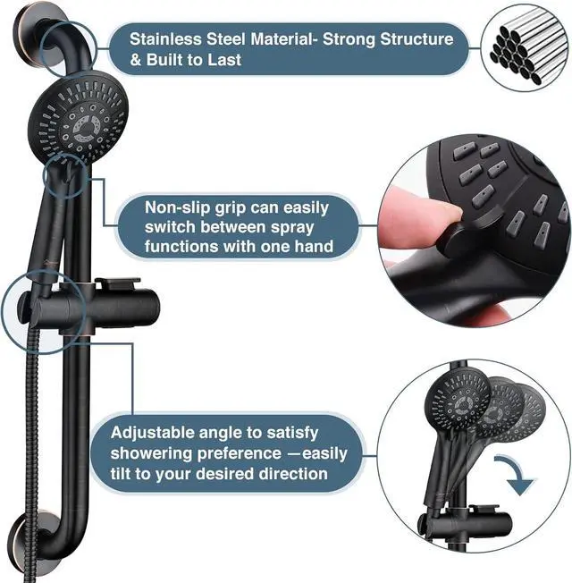 Alt view image 5 of 7 - BRIGHT SHOWERS Slide Bar Shower Set with Handheld Shower Head, ADA-Compliant Stainless Steel Grab Bar, Adjustable Height and 69-Inch Hose  Oil Rubbed Bronze