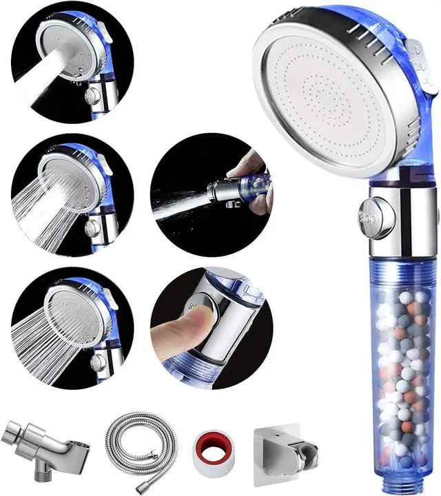 Main image of MIAOHUI Blue Zenbody Shower Head with Filter Beads, 3 Modes Shower Envy Showerhead with On Off Switch, Handheld Eco Water Spa Shower Head with Hose, Adjustable Bracket, Self-adhesive Holder