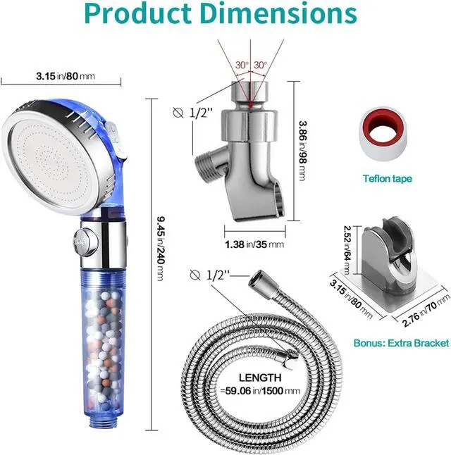 Alt view image 2 of 7 - MIAOHUI Blue Zenbody Shower Head with Filter Beads, 3 Modes Shower Envy Showerhead with On Off Switch, Handheld Eco Water Spa Shower Head with Hose, Adjustable Bracket, Self-adhesive Holder