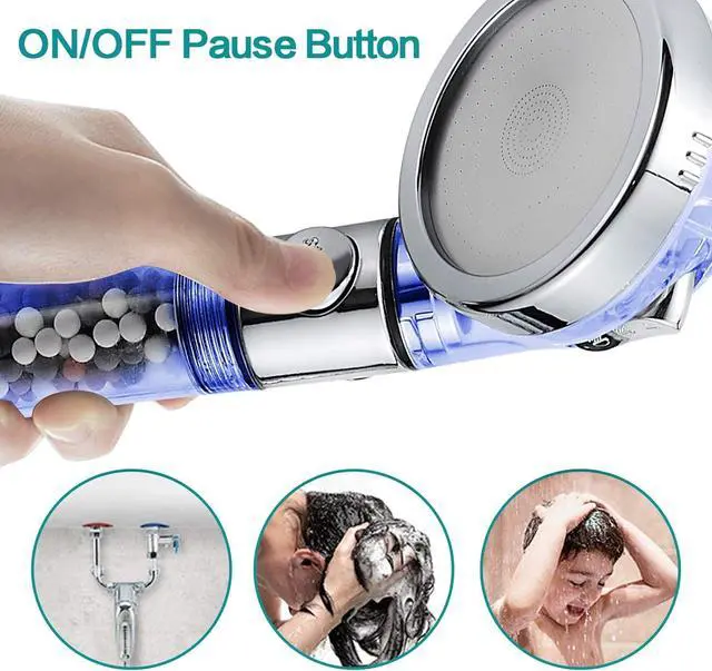Alt view image 4 of 7 - MIAOHUI Blue Zenbody Shower Head with Filter Beads, 3 Modes Shower Envy Showerhead with On Off Switch, Handheld Eco Water Spa Shower Head with Hose, Adjustable Bracket, Self-adhesive Holder