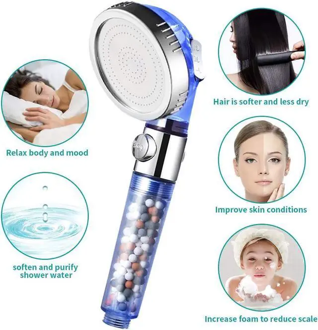 Alt view image 3 of 7 - MIAOHUI Blue Zenbody Shower Head with Filter Beads, 3 Modes Shower Envy Showerhead with On Off Switch, Handheld Eco Water Spa Shower Head with Hose, Adjustable Bracket, Self-adhesive Holder