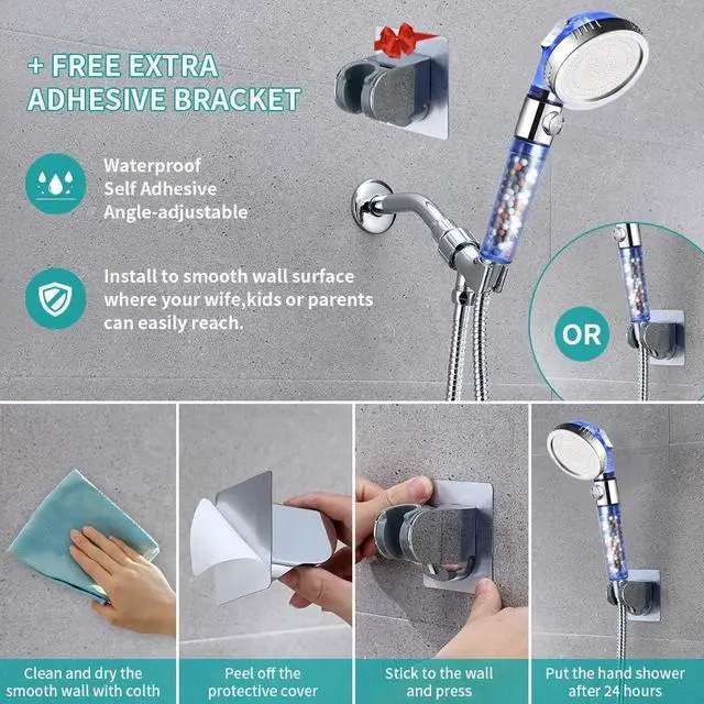 Alt view image 5 of 7 - MIAOHUI Blue Zenbody Shower Head with Filter Beads, 3 Modes Shower Envy Showerhead with On Off Switch, Handheld Eco Water Spa Shower Head with Hose, Adjustable Bracket, Self-adhesive Holder