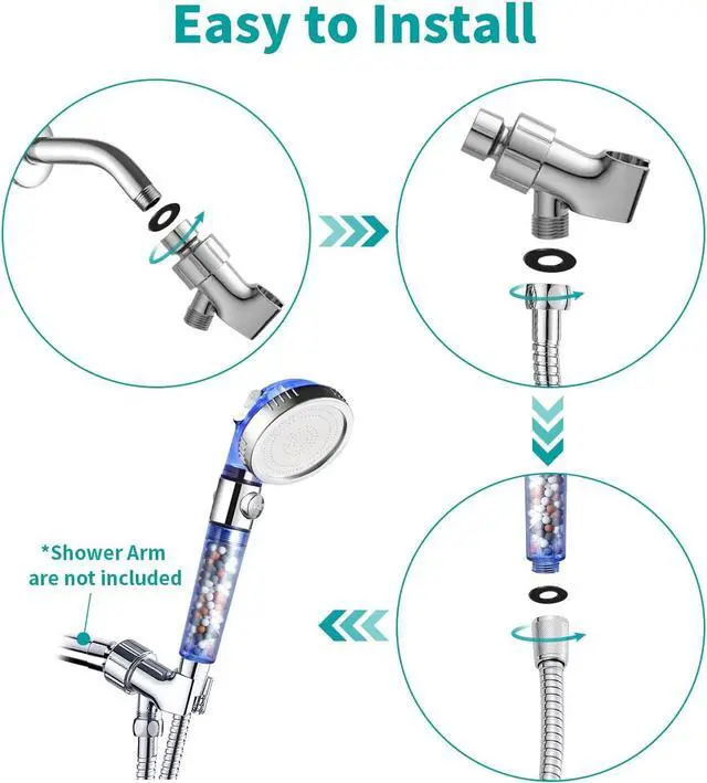 Alt view image 6 of 7 - MIAOHUI Blue Zenbody Shower Head with Filter Beads, 3 Modes Shower Envy Showerhead with On Off Switch, Handheld Eco Water Spa Shower Head with Hose, Adjustable Bracket, Self-adhesive Holder