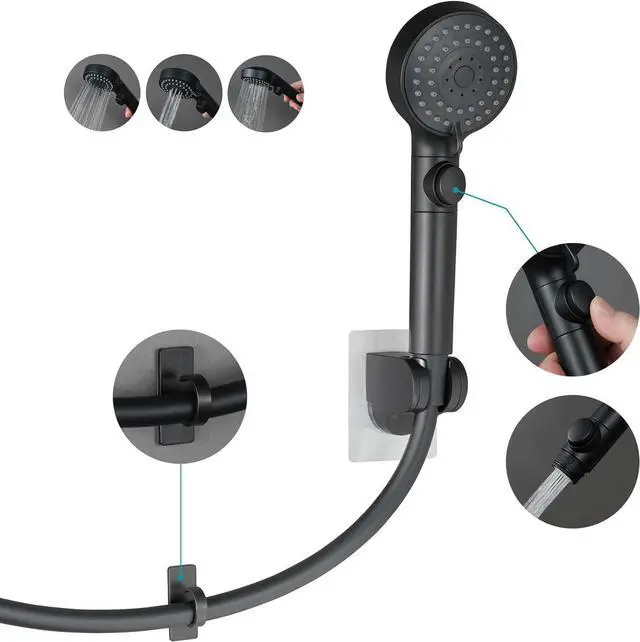 Main image of RV Shower Head with Hose,5-mode High Pressure Shower Head with On Off Switch Water Saving for Camper, No Drilling Wall Mount Handheld Shower Holder and Adhesive Hose Guide Ring (Black)