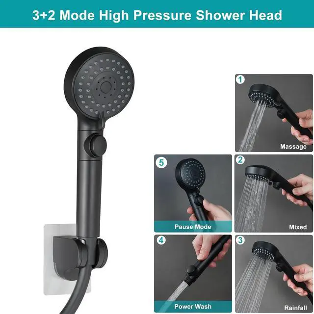 Alt view image 3 of 7 - RV Shower Head with Hose,5-mode High Pressure Shower Head with On Off Switch Water Saving for Camper, No Drilling Wall Mount Handheld Shower Holder and Adhesive Hose Guide Ring (Black)