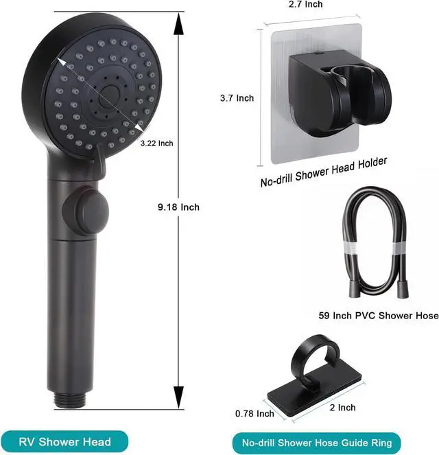 Alt view image 4 of 7 - RV Shower Head with Hose,5-mode High Pressure Shower Head with On Off Switch Water Saving for Camper, No Drilling Wall Mount Handheld Shower Holder and Adhesive Hose Guide Ring (Black)
