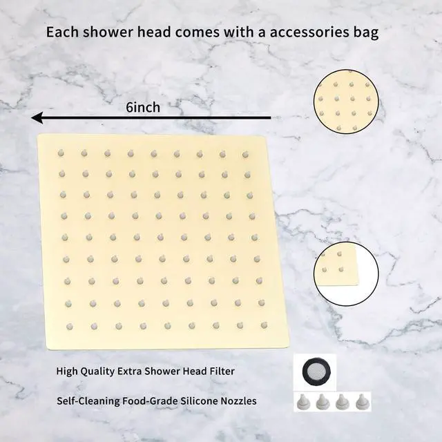 Alt view image 4 of 5 - GGStudy Square 6 Inch Stainless Steel Shower Head High Pressure Rainall Shower Head Brushed Gold Ultra Thin Design-Best Pressure Boosting