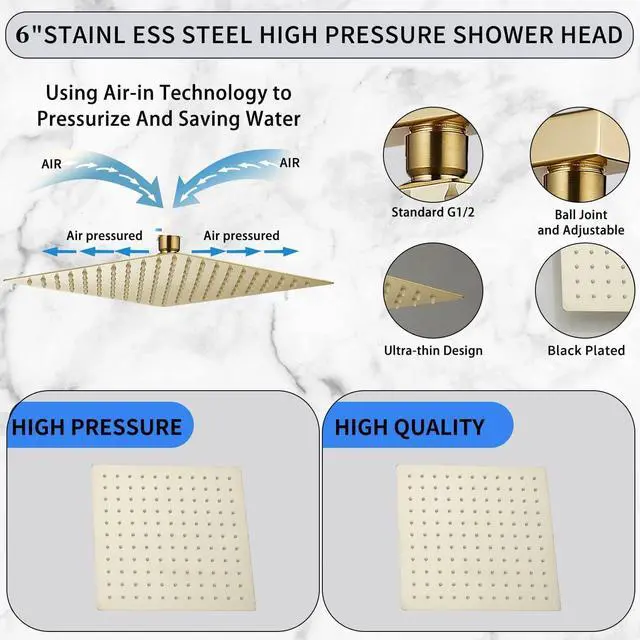 Alt view image 5 of 5 - GGStudy Square 6 Inch Stainless Steel Shower Head High Pressure Rainall Shower Head Brushed Gold Ultra Thin Design-Best Pressure Boosting