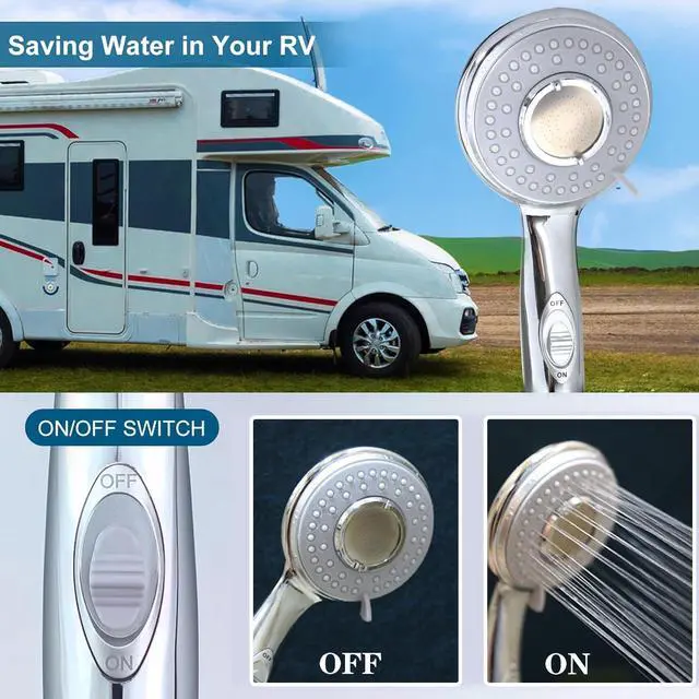 Alt view image 3 of 7 - RV Shower Head with Hose and on off switch - High pressure shower head replacement for Bath roomRVMotor homeBoatTravel Trailer and Camper - with Stainless Steel 60'' Hose and bracket