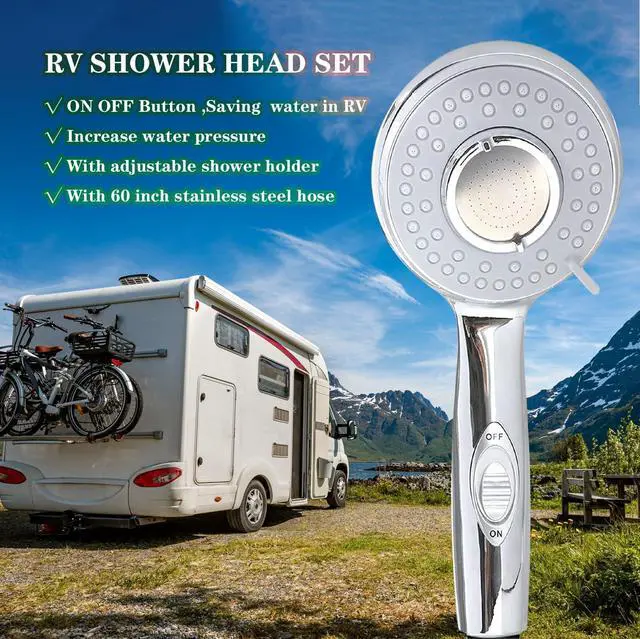 Alt view image 4 of 7 - RV Shower Head with Hose and on off switch - High pressure shower head replacement for Bath roomRVMotor homeBoatTravel Trailer and Camper - with Stainless Steel 60'' Hose and bracket