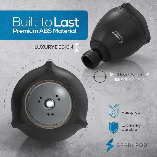 Alt view image 7 of 7 - SparkPod 3-Inch Extreme High Pressure Shower Heads - Pressure Boosting with Rain, Massage & Pulsating Mode, Powerful Water-Saving Showerhead - 2.5 GPM Fixed Shower Head (Midnight Black Matte)