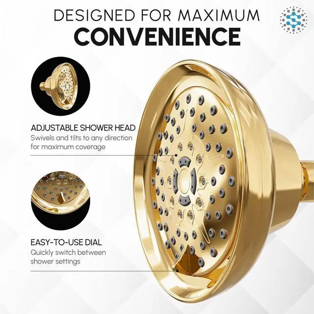 Alt view image 3 of 7 - Luxury Spa: ImperialShine Gold Shower Head, 5 inch 6 Spray Adjustable High Pressure Showerhead with 360 Degree Tilt, Experience Comfort and Elegance (Polished Brass/ImperialShine Gold)