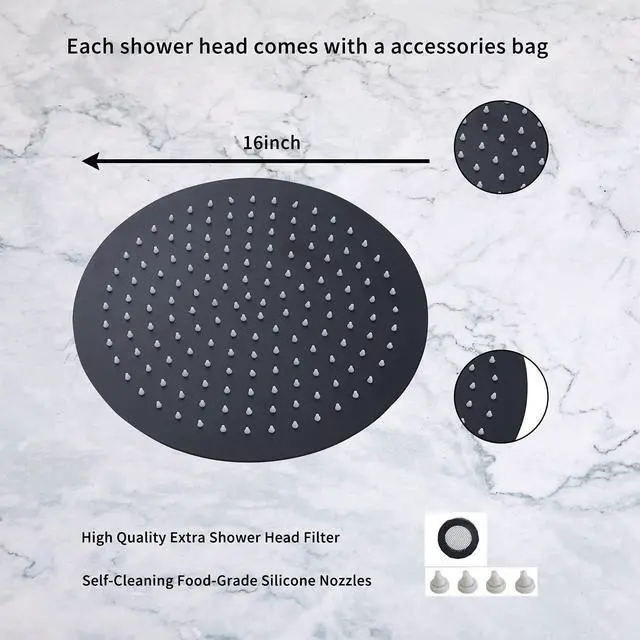 Alt view image 4 of 6 - GGStudy Round 16 Inch Stainless Steel Shower Head Rain Style Shower Head Black Large Square Rainfall Shower Heads Matte Black