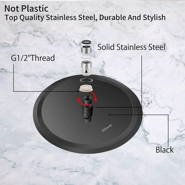 Alt view image 6 of 6 - GGStudy Round 16 Inch Stainless Steel Shower Head Rain Style Shower Head Black Large Square Rainfall Shower Heads Matte Black