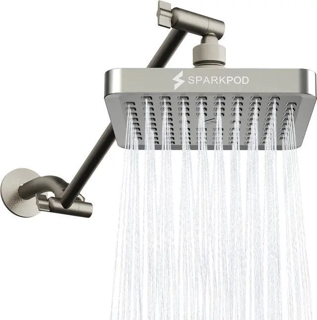 Main image of SparkPod Square Rain Shower Head with Extension Arm - Height Adjustable Shower Head with High Pressure Performance - Easy 1-Minute Installation (11" Arm Extension, Elegant Brushed Nickel)