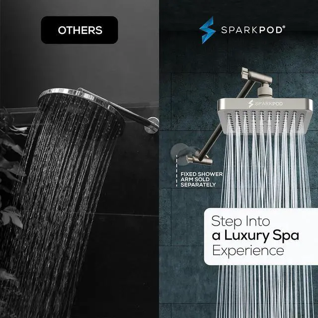 Alt view image 2 of 7 - SparkPod Square Rain Shower Head with Extension Arm - Height Adjustable Shower Head with High Pressure Performance - Easy 1-Minute Installation (11" Arm Extension, Elegant Brushed Nickel)