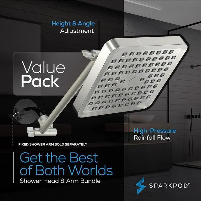 Alt view image 3 of 7 - SparkPod Square Rain Shower Head with Extension Arm - Height Adjustable Shower Head with High Pressure Performance - Easy 1-Minute Installation (11" Arm Extension, Elegant Brushed Nickel)