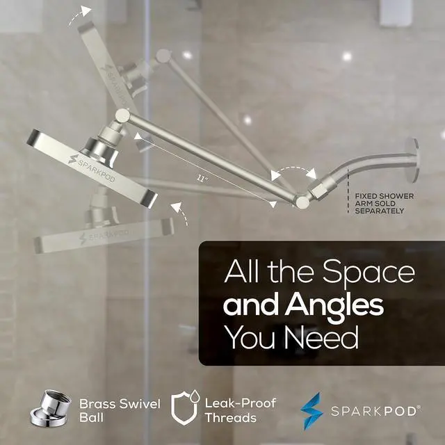 Alt view image 5 of 7 - SparkPod Square Rain Shower Head with Extension Arm - Height Adjustable Shower Head with High Pressure Performance - Easy 1-Minute Installation (11" Arm Extension, Elegant Brushed Nickel)