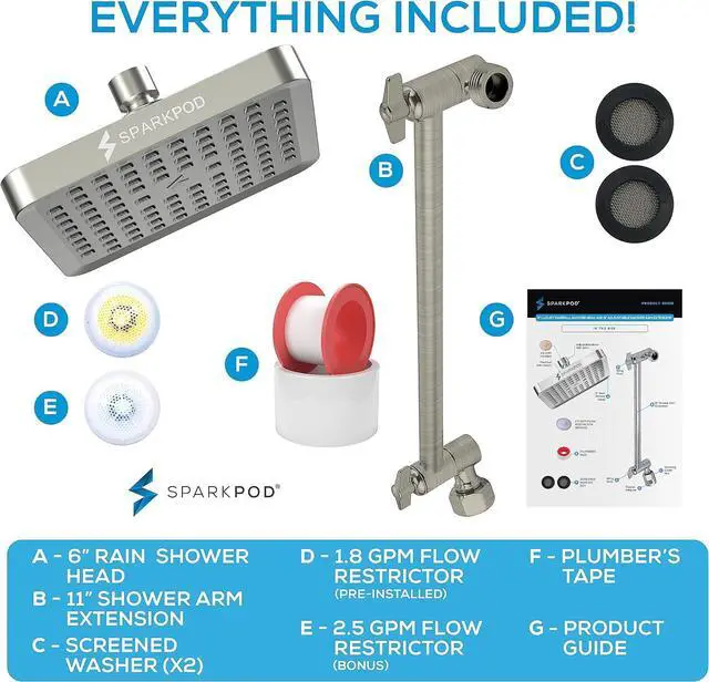 Alt view image 7 of 7 - SparkPod Square Rain Shower Head with Extension Arm - Height Adjustable Shower Head with High Pressure Performance - Easy 1-Minute Installation (11" Arm Extension, Elegant Brushed Nickel)