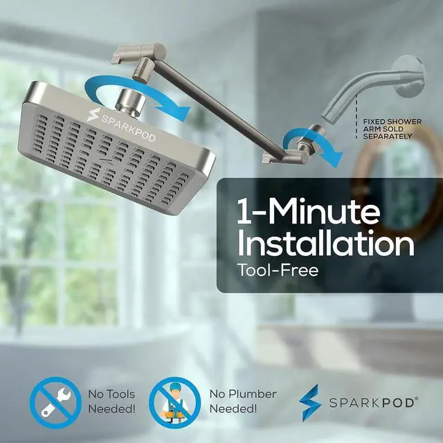 Alt view image 6 of 7 - SparkPod Square Rain Shower Head with Extension Arm - Height Adjustable Shower Head with High Pressure Performance - Easy 1-Minute Installation (11" Arm Extension, Elegant Brushed Nickel)
