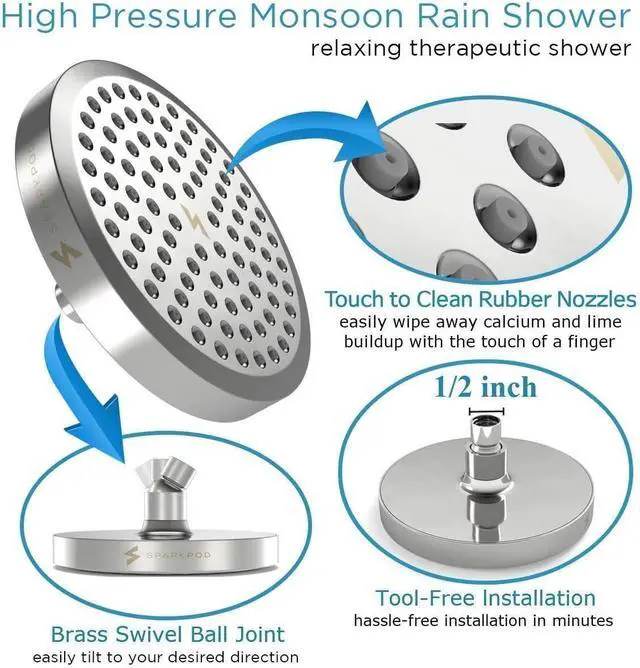 Alt view image 5 of 7 - SparkPod Shower Head - High Pressure Rain - Premium Quality Luxury Design - 1-Min Install - Easy Clean Adjustable Replacement for Your Bathroom Shower Heads (Luxury Polished Chrome, 6 Inch Round)