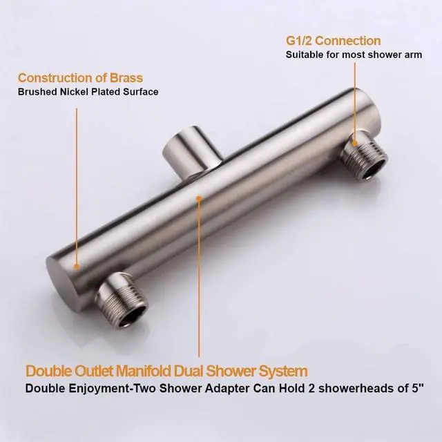Alt view image 6 of 7 - AZOS Double Outlet Shower Manifold Brushed Nickel, Suitable for Dual Sprayer Showering System, Can Connect Two Showerheads - Double Enjoyment