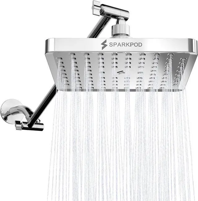 Main image of SparkPod Square Rain Shower Head with Extension Arm - Height Adjustable Shower Head with High Pressure Performance - Easy 1-Minute Installation (16" Arm Extension, Luxury Polished Chrome)