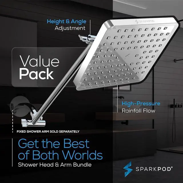 Alt view image 3 of 7 - SparkPod Square Rain Shower Head with Extension Arm - Height Adjustable Shower Head with High Pressure Performance - Easy 1-Minute Installation (16" Arm Extension, Luxury Polished Chrome)