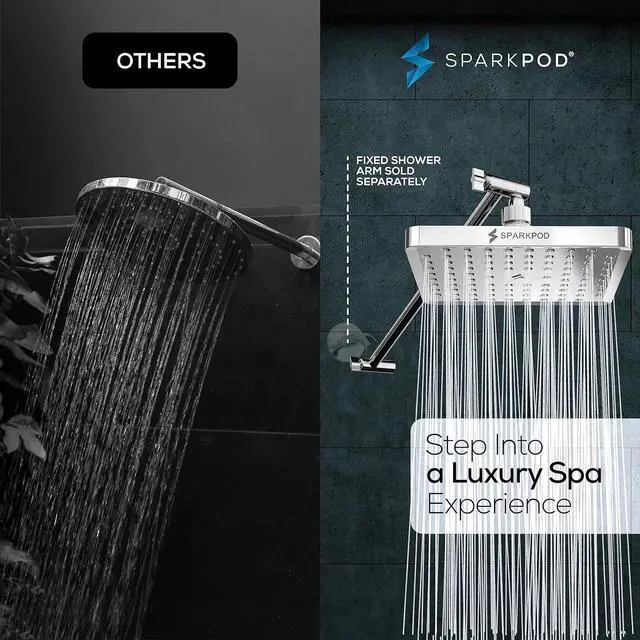Alt view image 2 of 7 - SparkPod Square Rain Shower Head with Extension Arm - Height Adjustable Shower Head with High Pressure Performance - Easy 1-Minute Installation (16" Arm Extension, Luxury Polished Chrome)