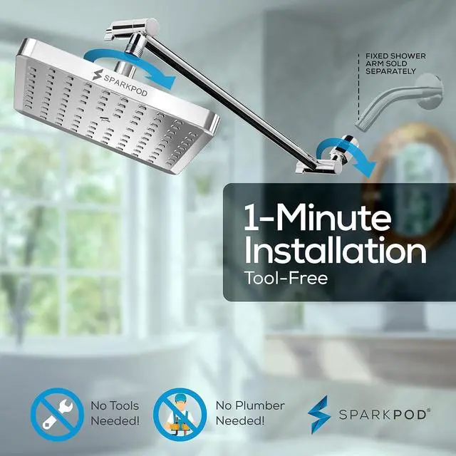 Alt view image 6 of 7 - SparkPod Square Rain Shower Head with Extension Arm - Height Adjustable Shower Head with High Pressure Performance - Easy 1-Minute Installation (16" Arm Extension, Luxury Polished Chrome)