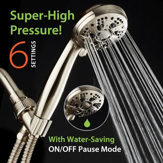 Alt view image 2 of 5 - AquaDance High Pressure 6-Setting Full Brushed Nickel Handheld Shower Head with Stainless Steel Hose. Officially Independently Tested to Meet Strict US Quality & Performance Standards!