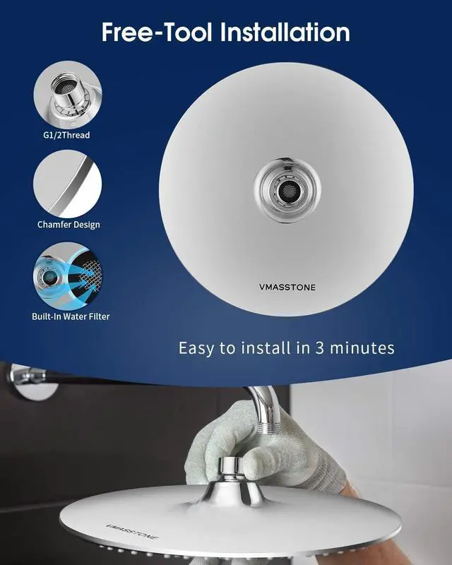 Alt view image 4 of 7 - Large Shower Head VMASSTONE 9In High Pressure Showerhead - Tool Free Installation- with Large Spray Surfaces and 200 Nozzles for Delicate and Unstimulate Shower Experience (EM-001 Chrome/Dark Grey)