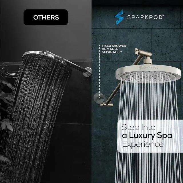 Alt view image 2 of 7 - SparkPod Round Rain Shower Head with Extension Arm - Height Adjustable Shower Head with High Pressure Performance - Easy 1-Minute Installation (16" Arm Extension, Elegant Brushed Nickel)