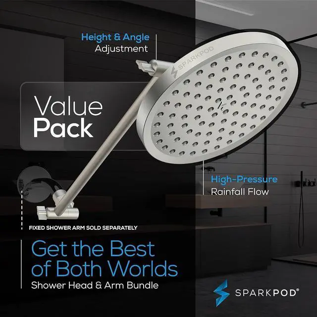 Alt view image 3 of 7 - SparkPod Round Rain Shower Head with Extension Arm - Height Adjustable Shower Head with High Pressure Performance - Easy 1-Minute Installation (16" Arm Extension, Elegant Brushed Nickel)