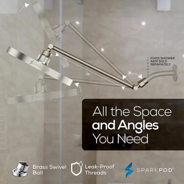 Alt view image 5 of 7 - SparkPod Round Rain Shower Head with Extension Arm - Height Adjustable Shower Head with High Pressure Performance - Easy 1-Minute Installation (16" Arm Extension, Elegant Brushed Nickel)