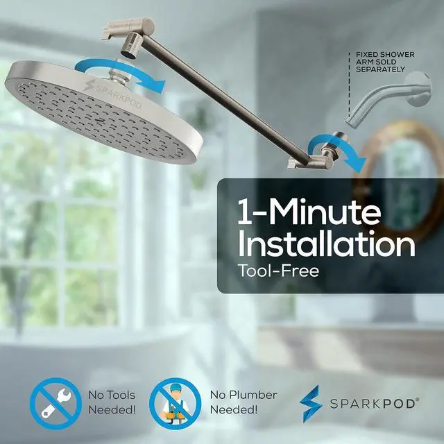 Alt view image 6 of 7 - SparkPod Round Rain Shower Head with Extension Arm - Height Adjustable Shower Head with High Pressure Performance - Easy 1-Minute Installation (16" Arm Extension, Elegant Brushed Nickel)