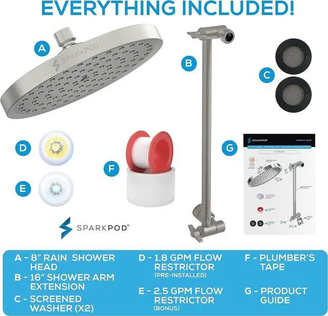 Alt view image 7 of 7 - SparkPod Round Rain Shower Head with Extension Arm - Height Adjustable Shower Head with High Pressure Performance - Easy 1-Minute Installation (16" Arm Extension, Elegant Brushed Nickel)