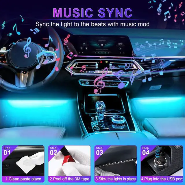 Alt view image 5 of 6 - LivTee Accent Interior Car Lights, Smart Car Interior Lights with App Control, RGB LED Lights with Music Mode and DIY Mode, 2 Lines Design LED Lights for Cars with Charger, Car Accessories for Women