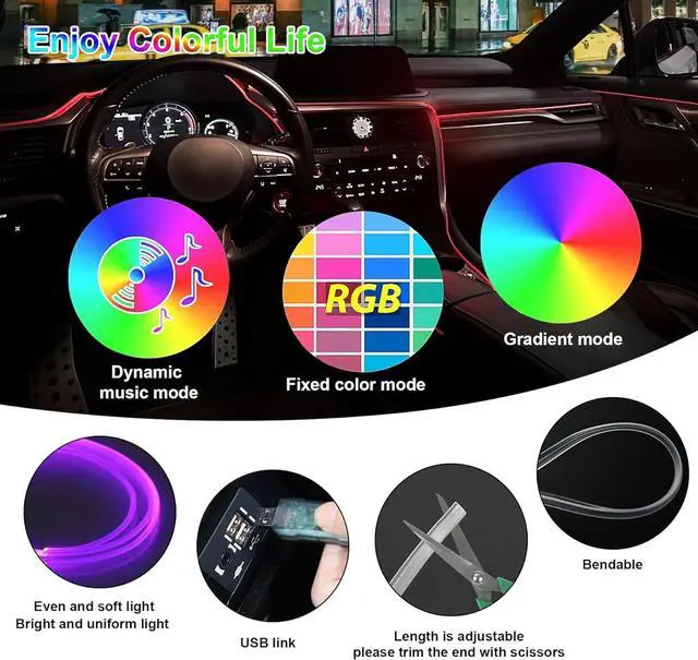 Alt view image 3 of 7 - LivTee Smart LED Car Lights Interior with USB Port, LED Strip Fiber Optic Ambient Lighting Car, Wireless App Control, Sync to Music, Car Decorations Interior Accessories Gifts for Women Men, 6 in 1