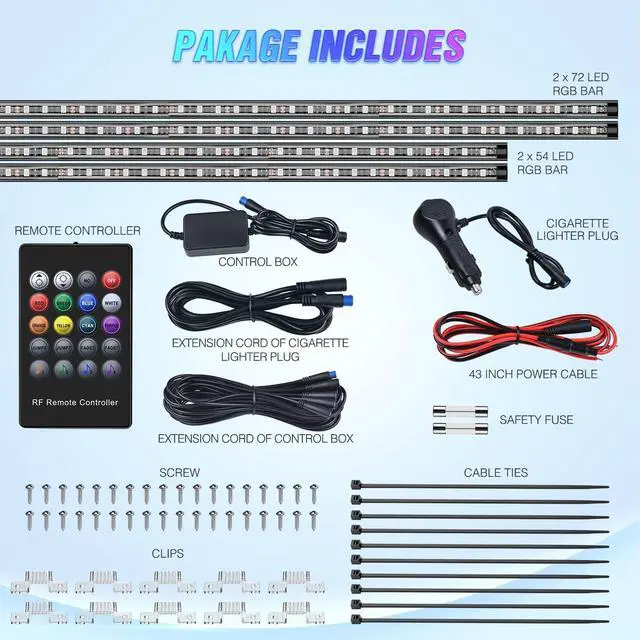 Alt view image 2 of 7 - Nilight 4Pcs Car Underglow Neon Accent Strip Lights 252 LEDs RGB 8 Color Sound Active Function Music Mode with Wireless Remote Control Underbody Light Strips for Cars Van SUV Truck