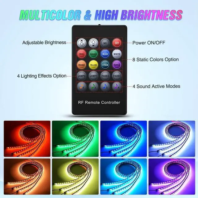 Alt view image 3 of 7 - Nilight 4Pcs Car Underglow Neon Accent Strip Lights 252 LEDs RGB 8 Color Sound Active Function Music Mode with Wireless Remote Control Underbody Light Strips for Cars Van SUV Truck