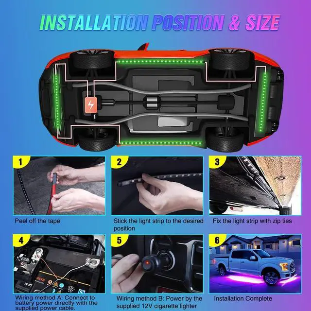 Alt view image 4 of 7 - Nilight 4Pcs Car Underglow Neon Accent Strip Lights 252 LEDs RGB 8 Color Sound Active Function Music Mode with Wireless Remote Control Underbody Light Strips for Cars Van SUV Truck