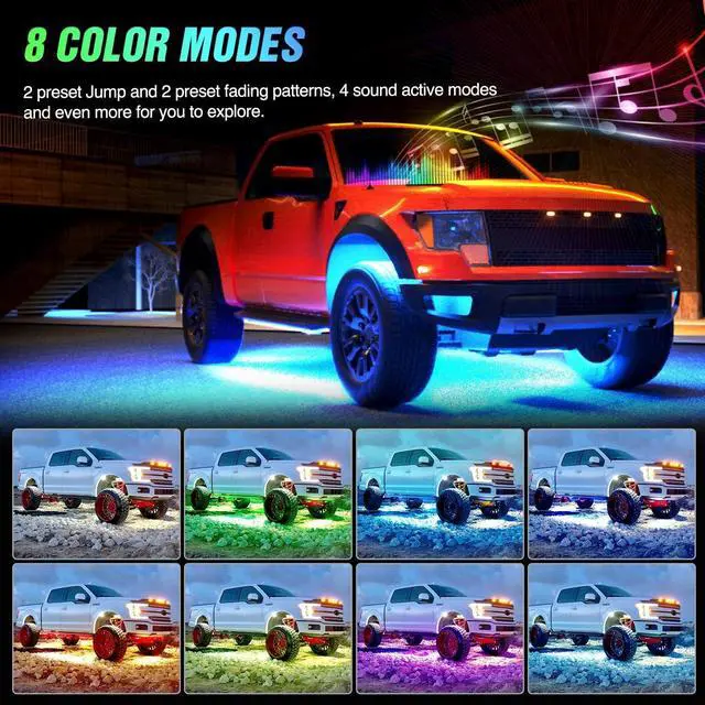 Alt view image 5 of 7 - Nilight 4Pcs Car Underglow Neon Accent Strip Lights 252 LEDs RGB 8 Color Sound Active Function Music Mode with Wireless Remote Control Underbody Light Strips for Cars Van SUV Truck