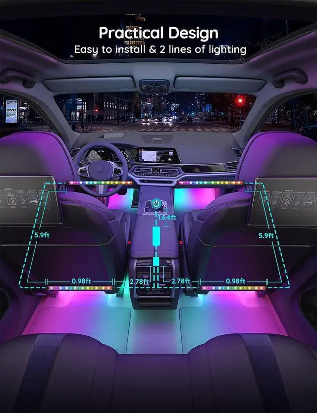 Alt view image 6 of 7 - Govee Car LED Strip Lights, Smart RGBIC Interior Car Lights with APP Control, 4 Music Modes, 30 Scene Options and 16 Million Colors, 2 Lines Design LED Lights for Car Decor, DC 12V